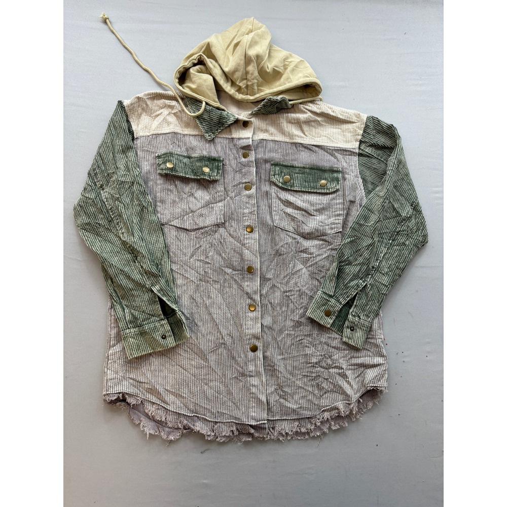 Colorblock Corduroy Hooded Shacket Womens Medium Sage Green Grey Frayed Hem